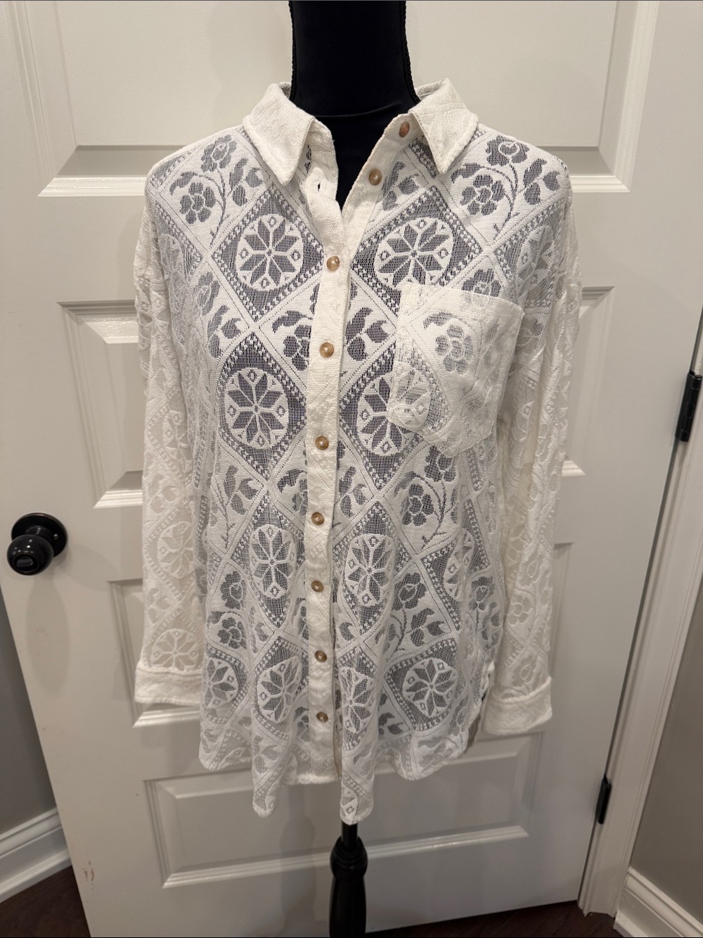 Pilcro White Lace Button-Up Blouse with Ivory Buttons